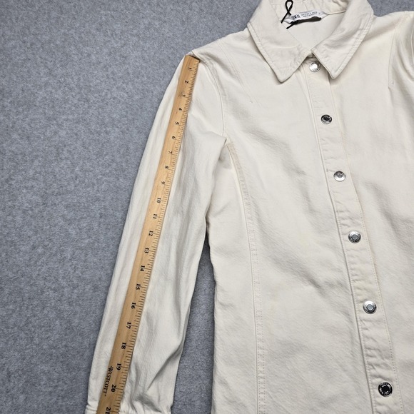 Zara Jacket Womens Small White Denim Shirt Jacket Longline Button Front Shacket - Picture 10 of 15